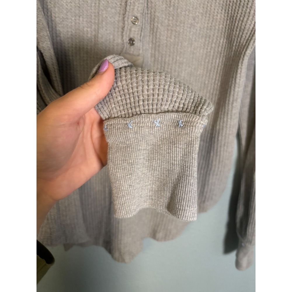 Free People Holly Henley Long Sleeve Top Waffle Knit Grey Blue Embroidered Small - Picture 7 of 11